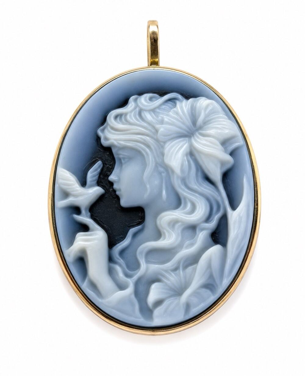 Blue and White Cameo Pendant Necklace - Classic Floral Profile